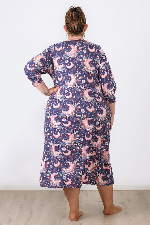 Plus Size Patchwork Moons Long Sleeve Stretch Nightie