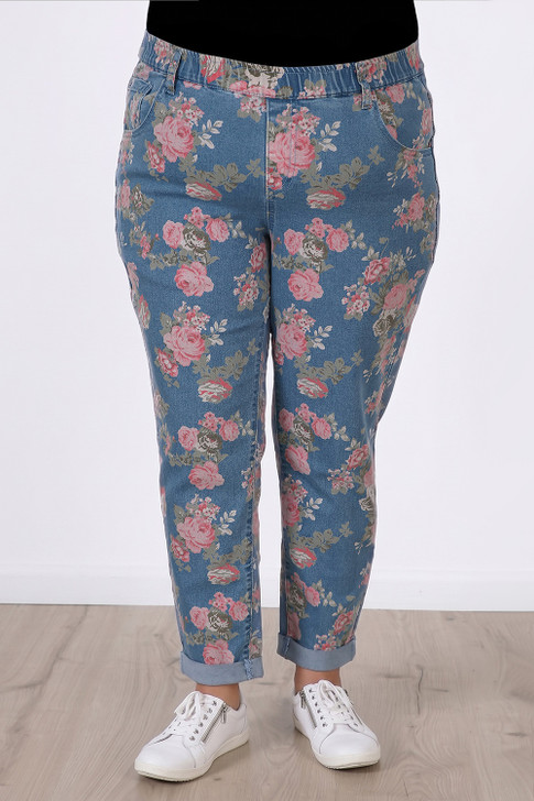 Plus Size Roses Light Blue Boyfriend Jeans 