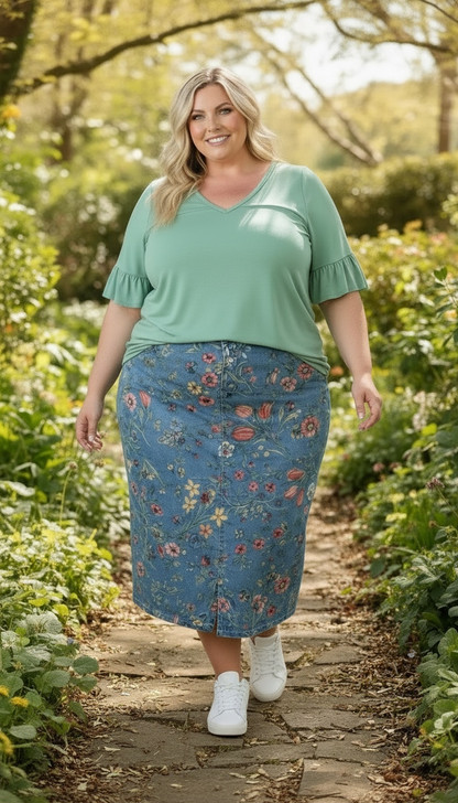 Floral denim plus size skirt 
