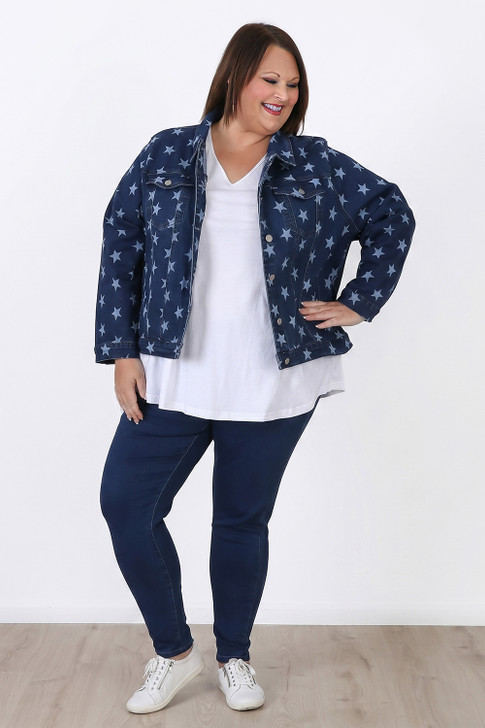 Plus Size Indigo Star Stretch Denim Jacket - Curvaceous