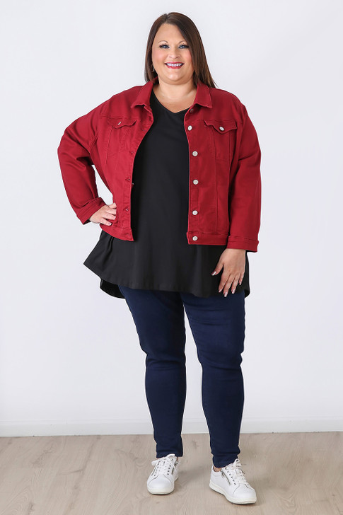 Plus Size Stretch Denim Jacket Claret