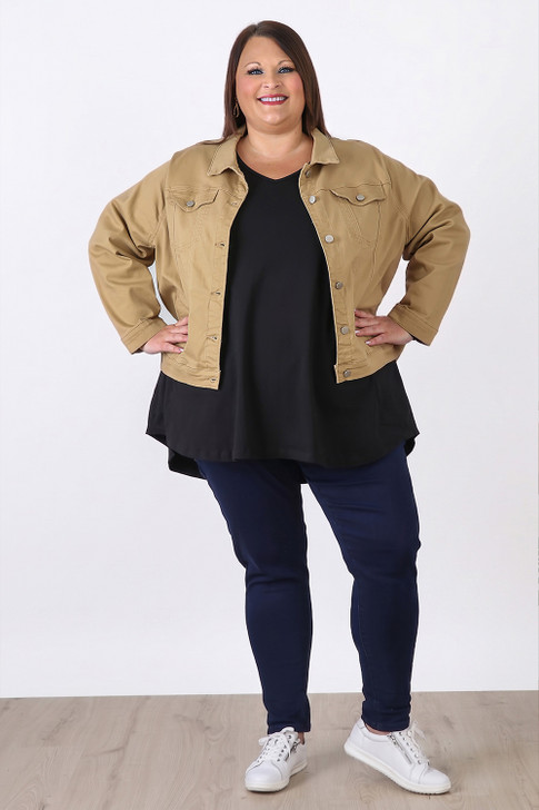 Plus Size Latte Stretch Denim Jacket with Pockets