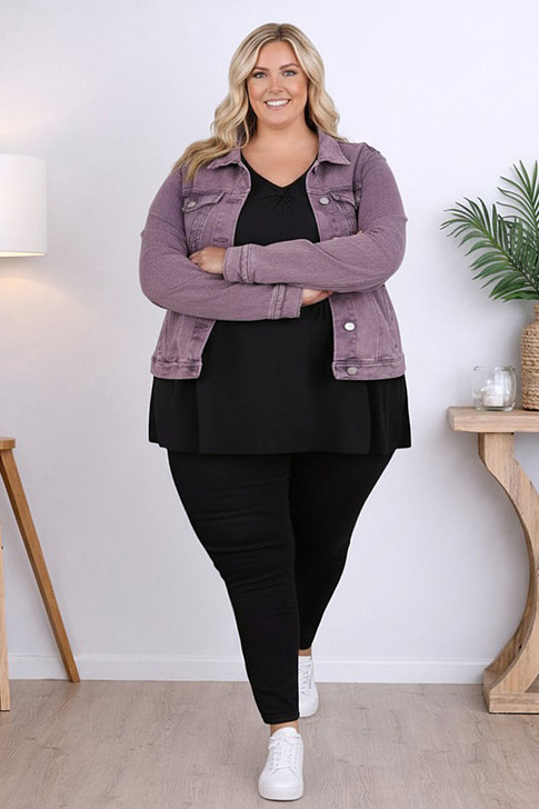 Plus Size Mauve Wash Stretch Denim Jacket With Pockets