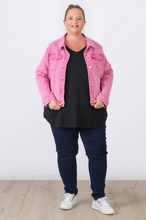 Plus Size Pink Wash Stretch Denim Jacket with Pockets