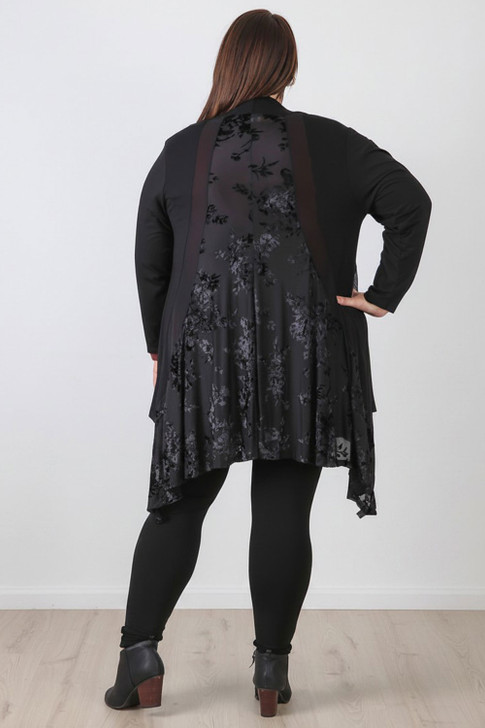 Plus Size Black Floral Burnout Velvet Hanky Hem Jacket 