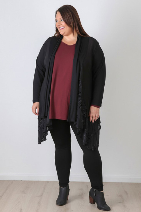 Plus Size Black Floral Burnout Velvet Hanky Hem Jacket 