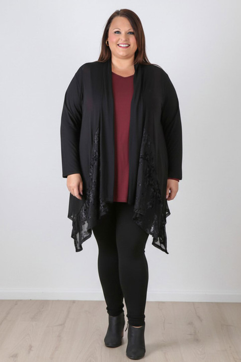 Plus Size Black Floral Burnout Velvet Hanky Hem Jacket 