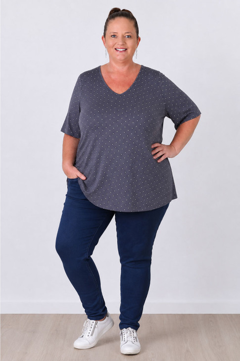 Plus Size Grey Polka Dot Stretch Rayon Top