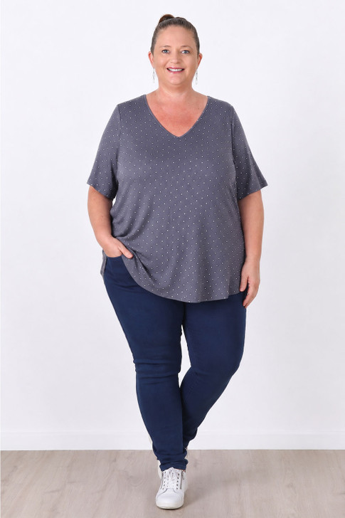 Plus Size Grey Polka Dot Stretch Rayon Top