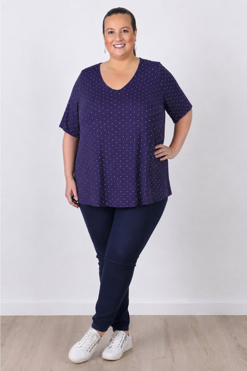 Plus Size Navy Polka Dot Stretch Rayon Top