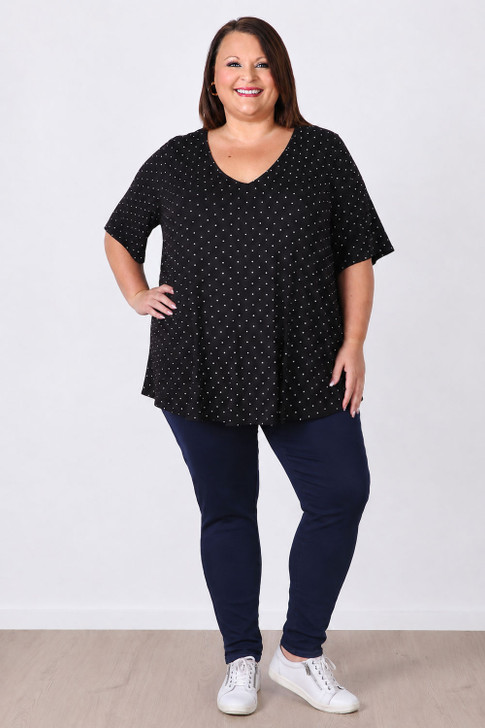 Plus Size Black Polka Dot Stretch Rayon Top