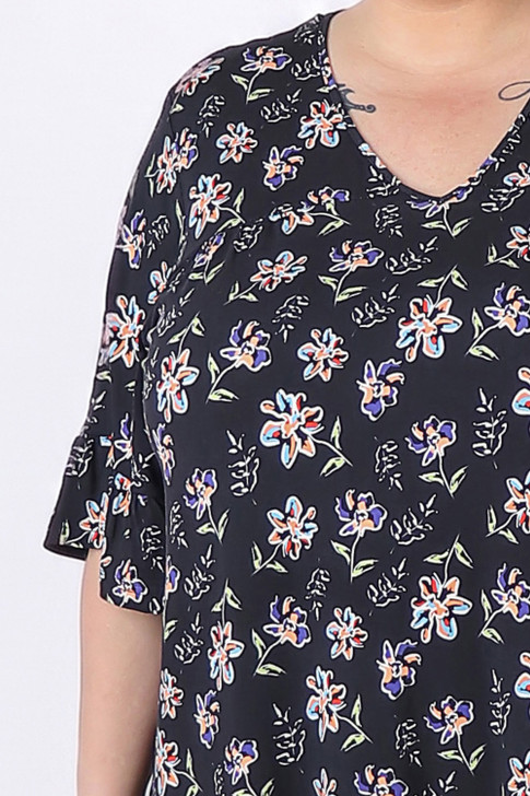 Plus Size Purple And Coral Floral Top With Ruffled Sleeve