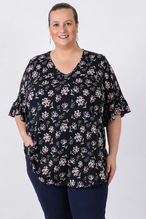 Purple And Coral Bloom Ruffle Sleeve Top