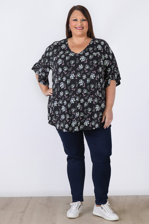 Plus Size Lilac And Green Bloom Ruffle Sleeve Top in Sizes 18 to 32