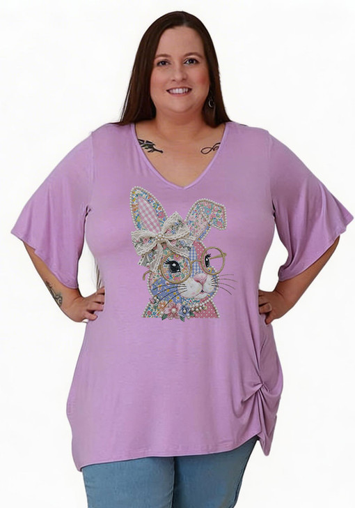 Plus Size Easter Patchwork Bunny Lilac Twist Side Tee