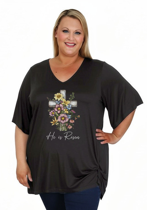 Plus Size He Is Risen Easter Black Tee