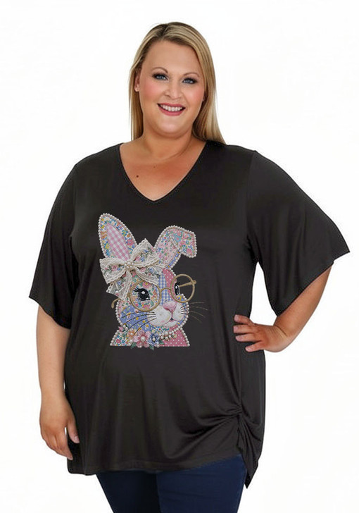 Plus Size Easter Patchwork Rabbit Black Twist Side Top