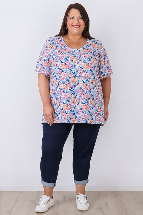 Plus Size Blue And Coral Floral Relaxed Fit Top 