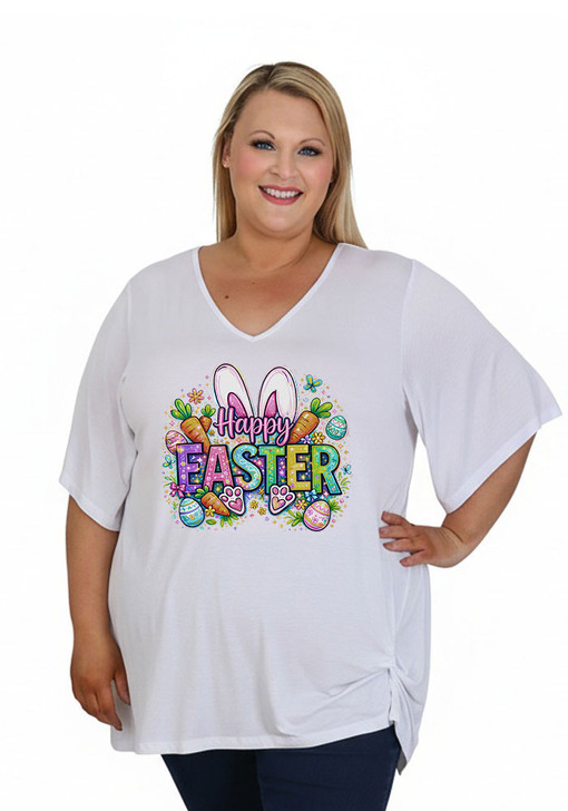 Plus Size Happy Easter White Twist Side Tee