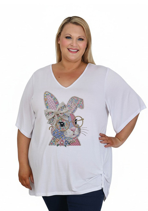 Plus Size Easter Patchwork Rabbit White Twist Side Tee