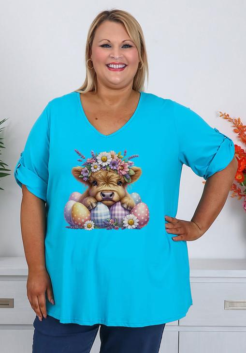 Plus Size Easter Highland Cow Aqua Cotton Tee