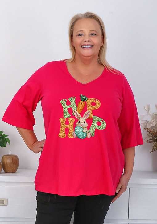 Plus Size Hip Hop Easter Magenta V Neck  Top