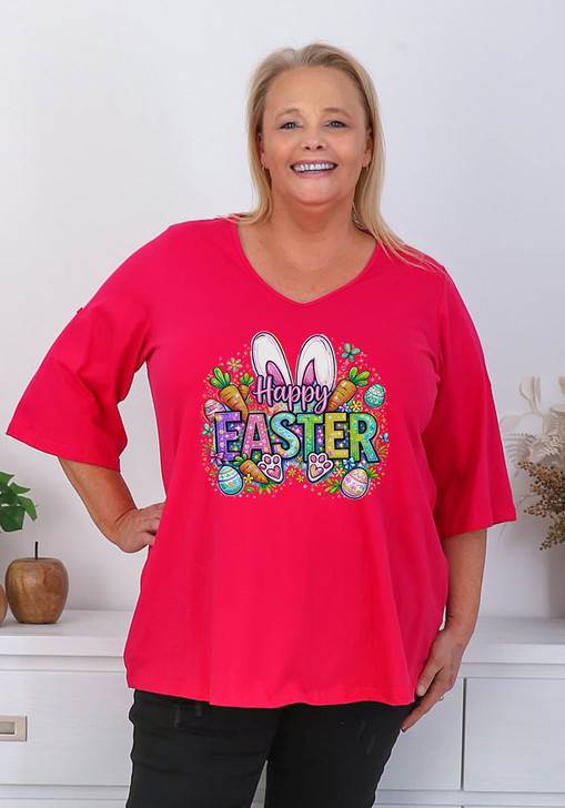 Plus Size Happy Easter Magenta Tab Sleeve Tee