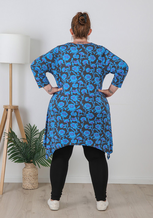 Plus Size Bold Blue Floral Hanky Hem Tunic
