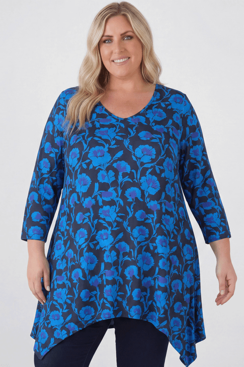 Bold Blue Floral Hanky Hem Tunic