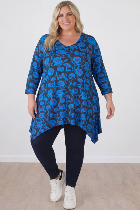 Plus Size  Blue Floral Hanky Hem Tunic Sizes 18 to 32