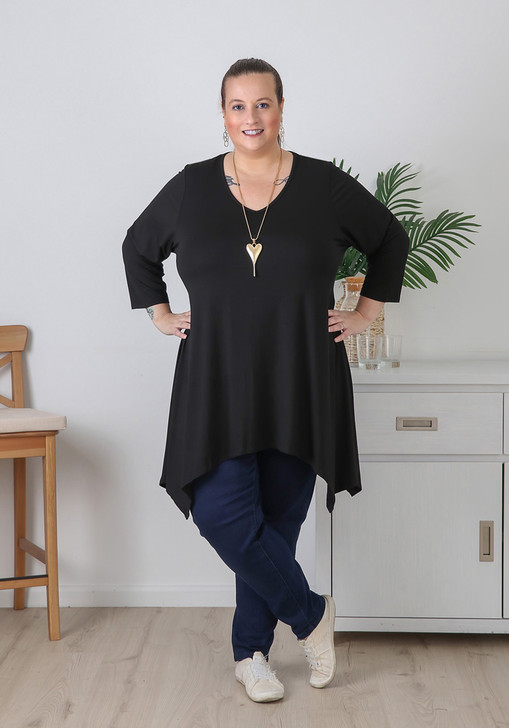 Plus Size Black Stretch Rayon Hanky Hem Tunic