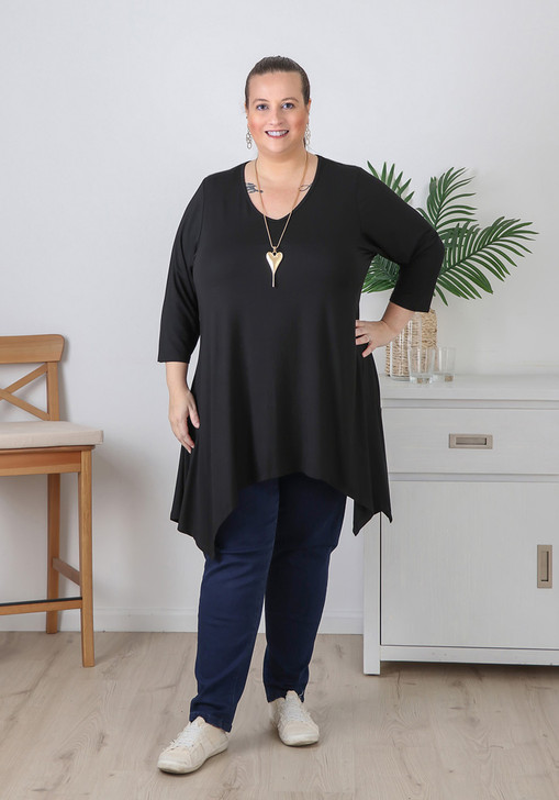 Plus Size Black Stretch Rayon Hanky Hem Tunic