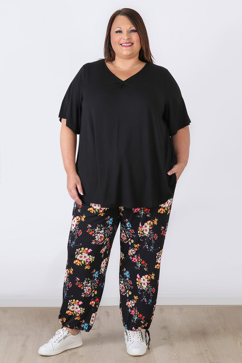Black Bright Garden Floral Stretch Gypsy Pants