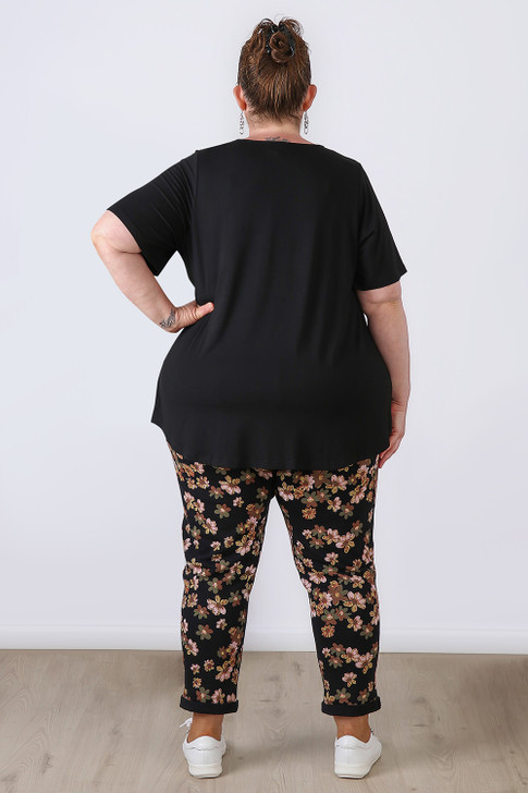 Plus Size Black Floral Roll Up Cuff Track Pant