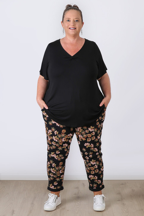 Plus Size Black Floral Roll Up Cuff Track Pant