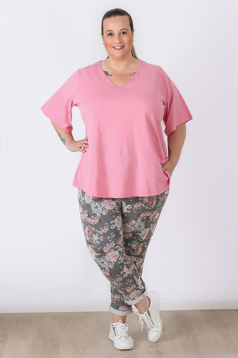Plus Size Pink Blooms Roll Up Cuff Track Pants