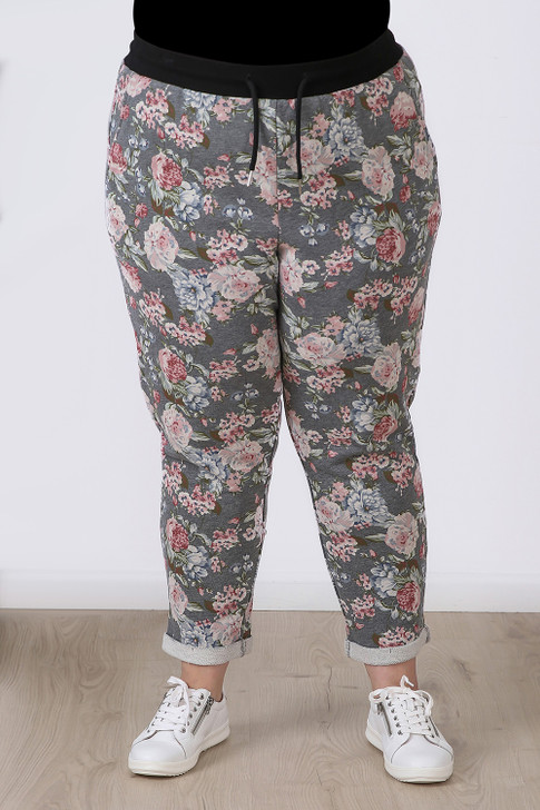 Plus Size Pink Blooms Roll Up Cuff Track Pants
