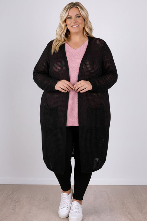 Plus Size Black Cotton Crochet Long Cardigan