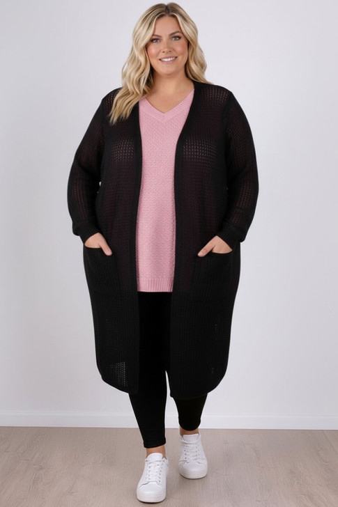 Plus Size Black Cotton Crochet Long Cardigan