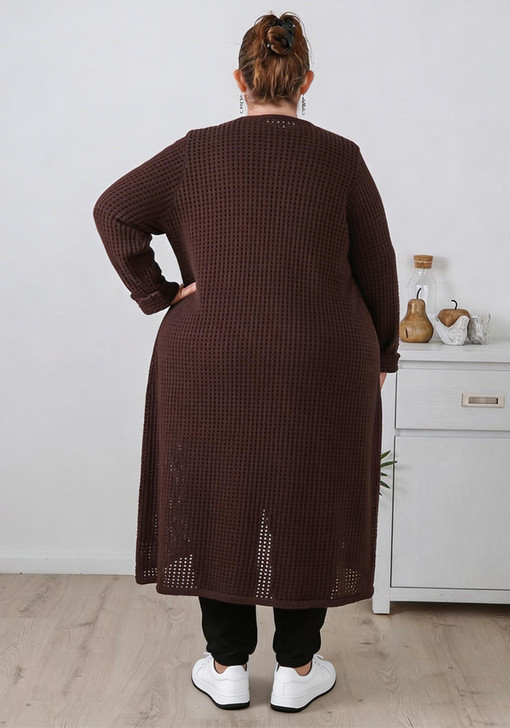 Plus Size Mocha Cotton Crochet Long Cardigan