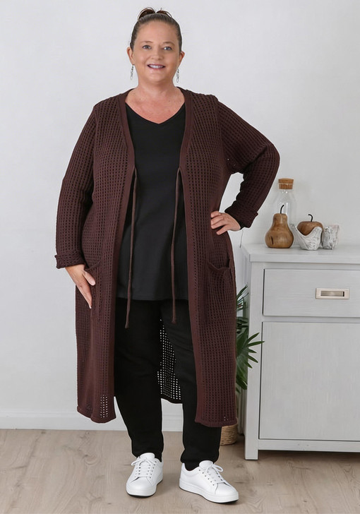 Plus Size Mocha Cotton Crochet Long Cardigan