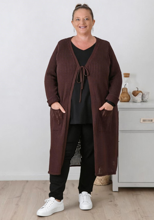 Plus Size Mocha Cotton Crochet Long Cardigan