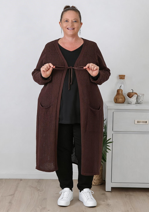 Plus Size Mocha Cotton Crochet Long Cardigan