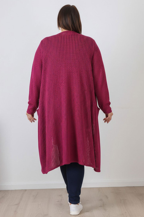 Plus Size Berry Cotton Crochet Long Cardigan