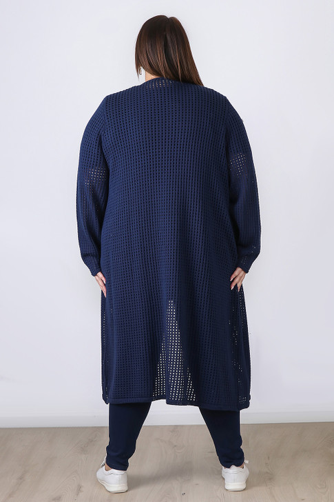 Plus Size Navy Cotton Crochet Long Cardigan