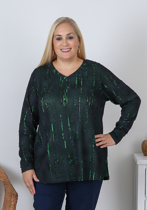 Black Green Distressed Cotton Blend Top