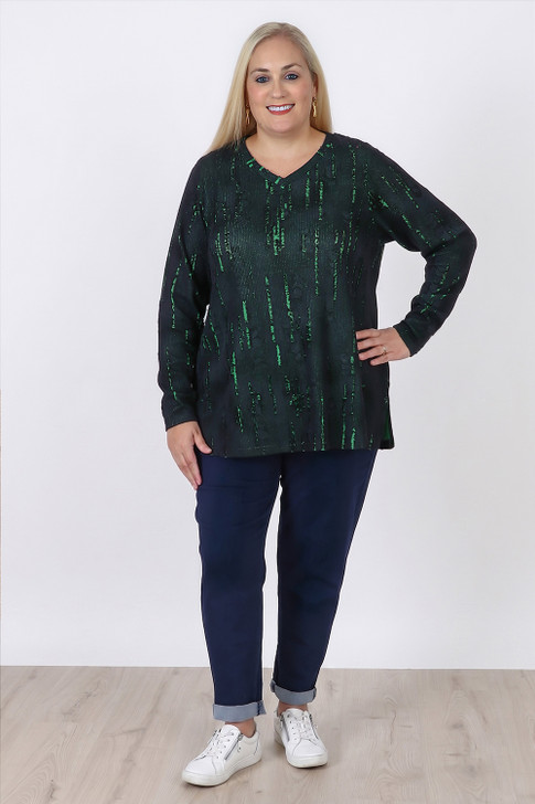 Plus Size Black Green Distressed Cotton Blend Top