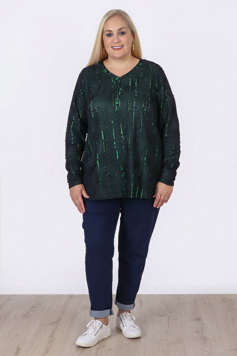 Plus Size Black Green Distressed Long Sleeve Top