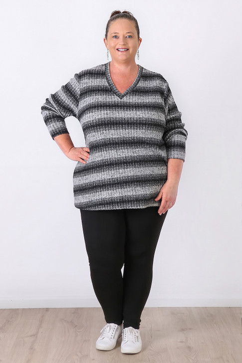 Plus Size Light Grey Black Stripe Ribbed Top - Curvaceous