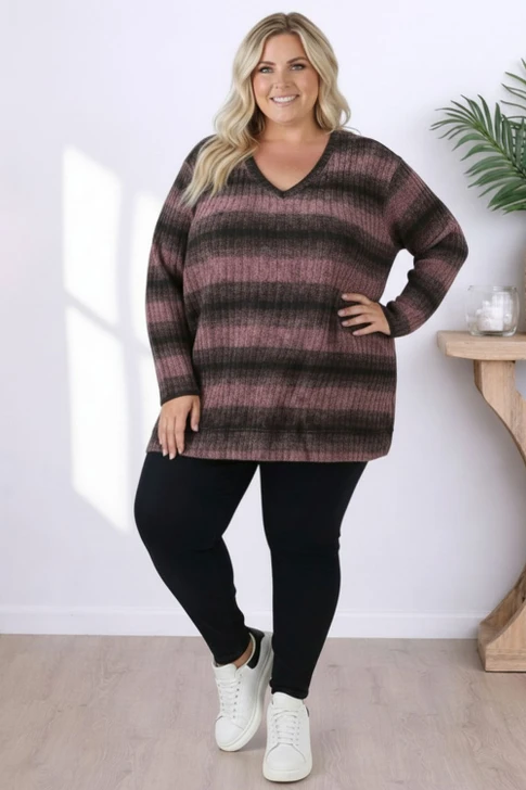 Dusty Purple Black Stripe Long Sleeve Top